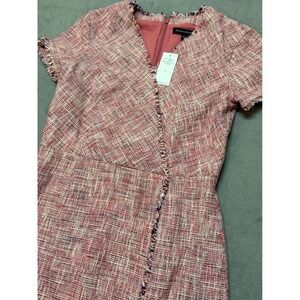 Banana Republic Tweed V Neck Short Sleeve Dress Pink multiple fringe preppy